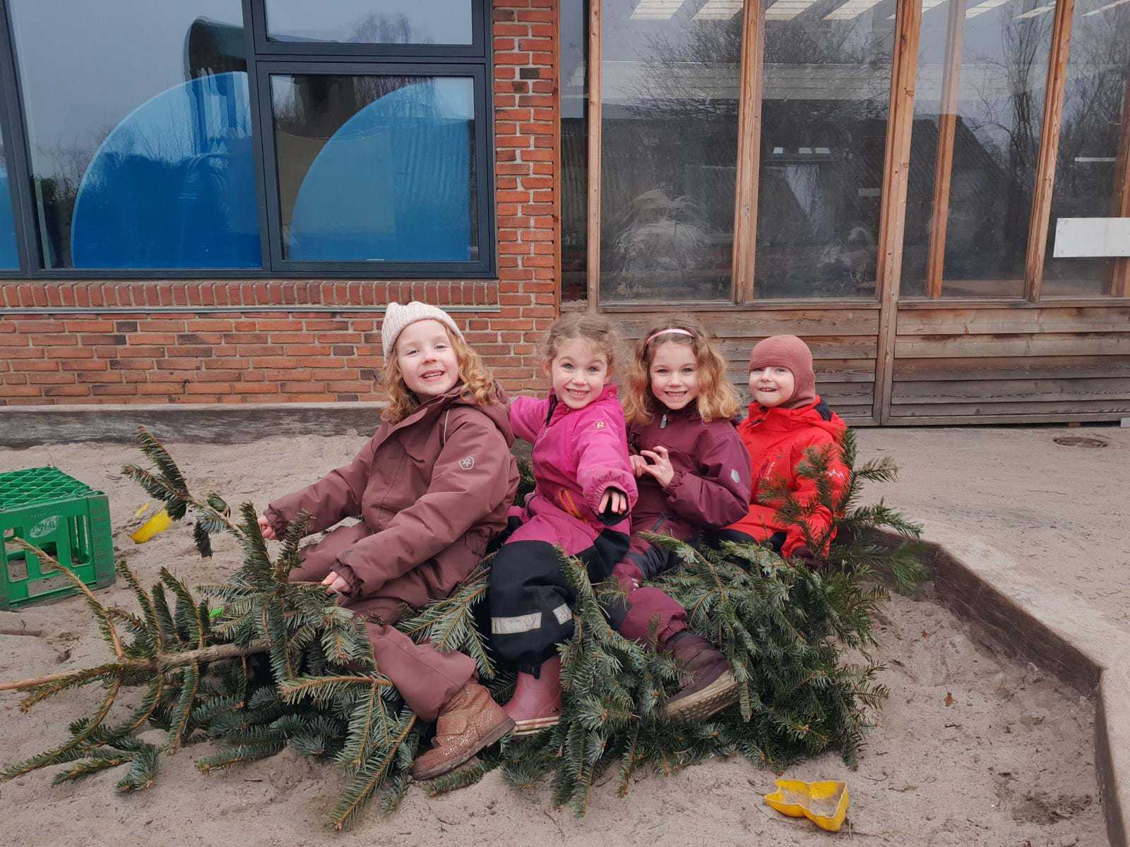 En flok piger leger på legepladsen - et gammelt grantræ bliver brugt på en kreativ måde